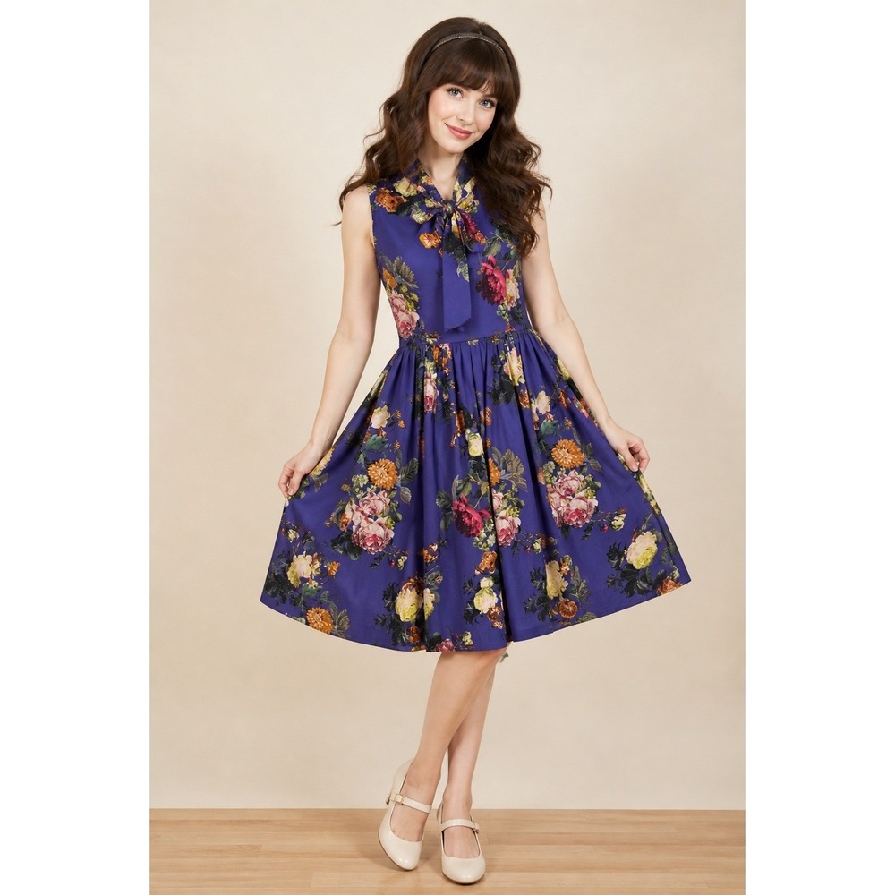 Bea & Dot by ModCloth Floral Fit & Flare Dress Women Small Purple Sleeveless Bow